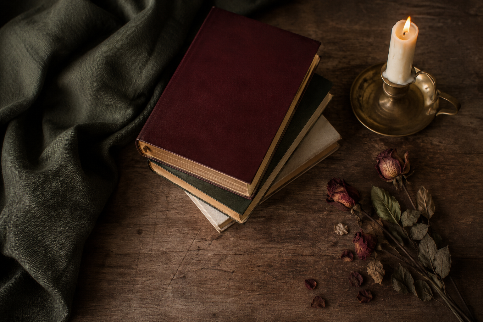 Moody styled flat lay in deep green and warm earthy tones — featured image for a beginner's guide to the romantasy genre