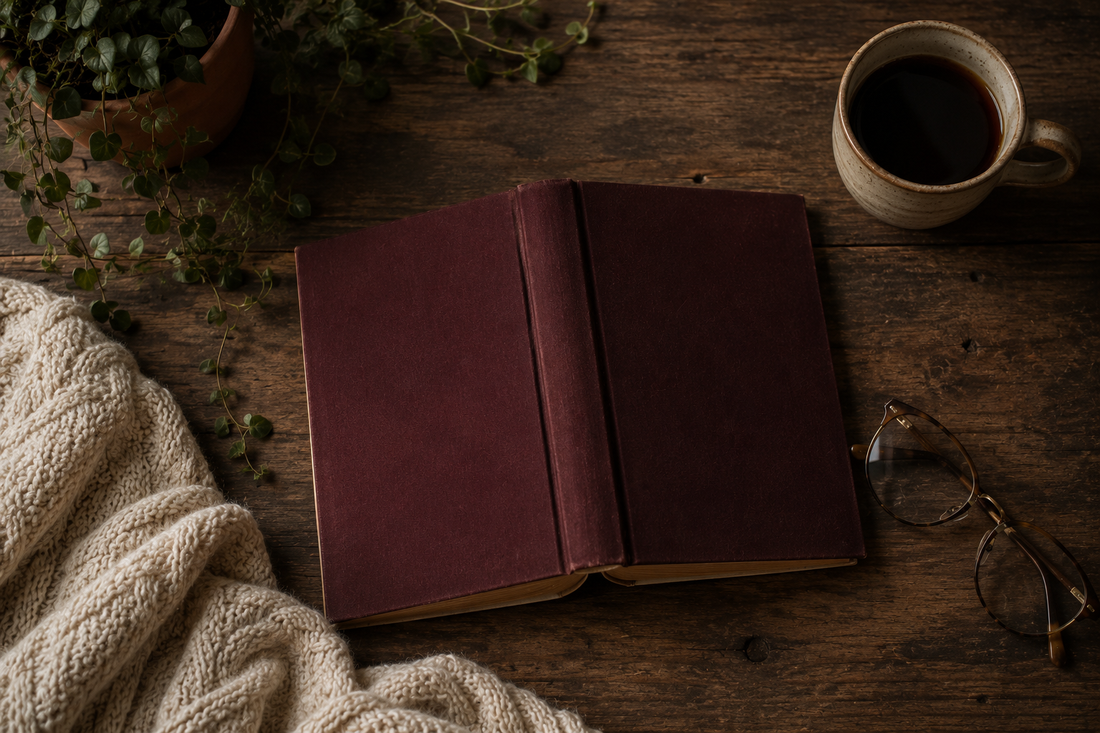 Cozy cottagecore reading nook flat lay with an open book, coffee mug, knit blanket and a small potted plant in warm neutral tones