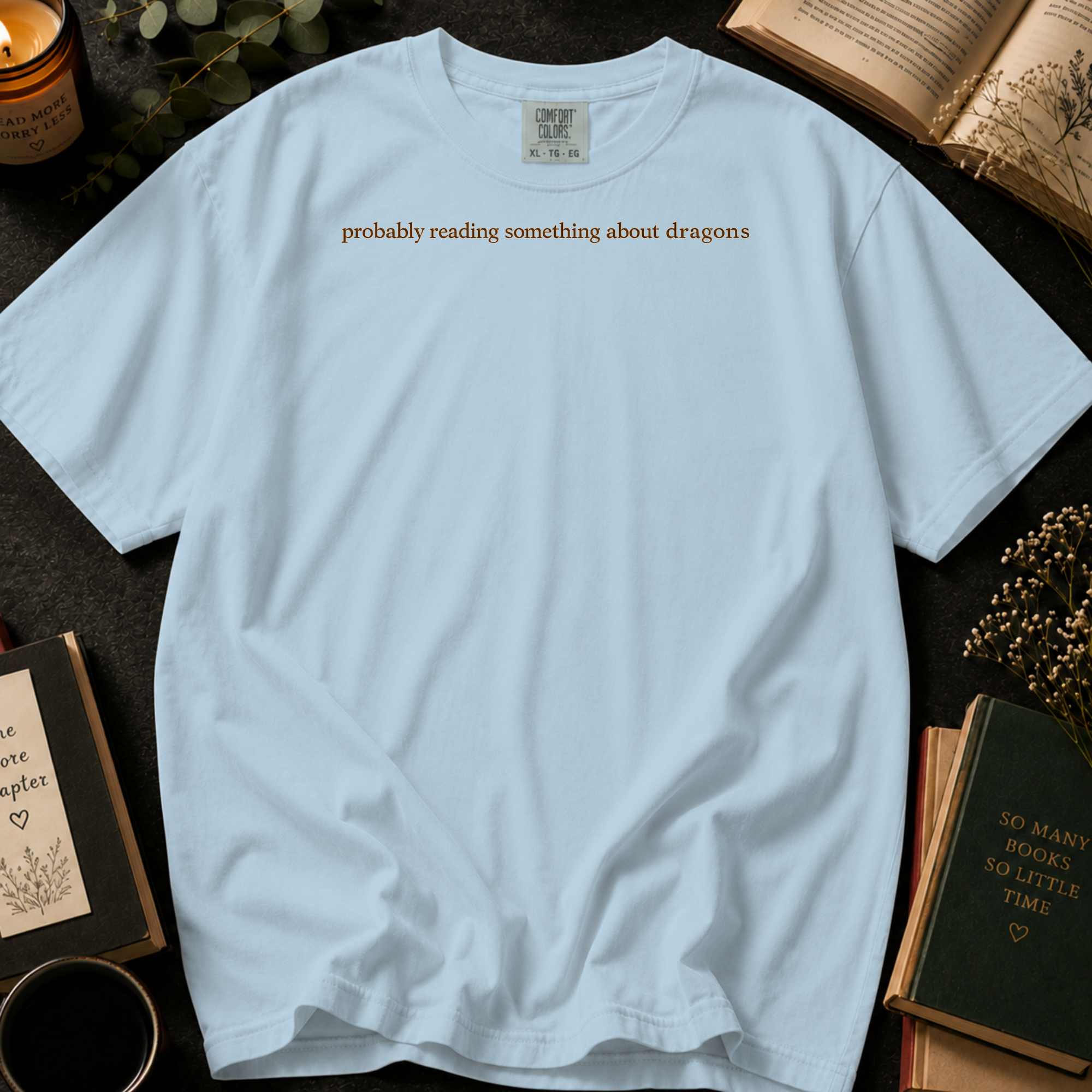 Chambray tee with a minimal dragon design for fantasy, gothic and plot twist readers