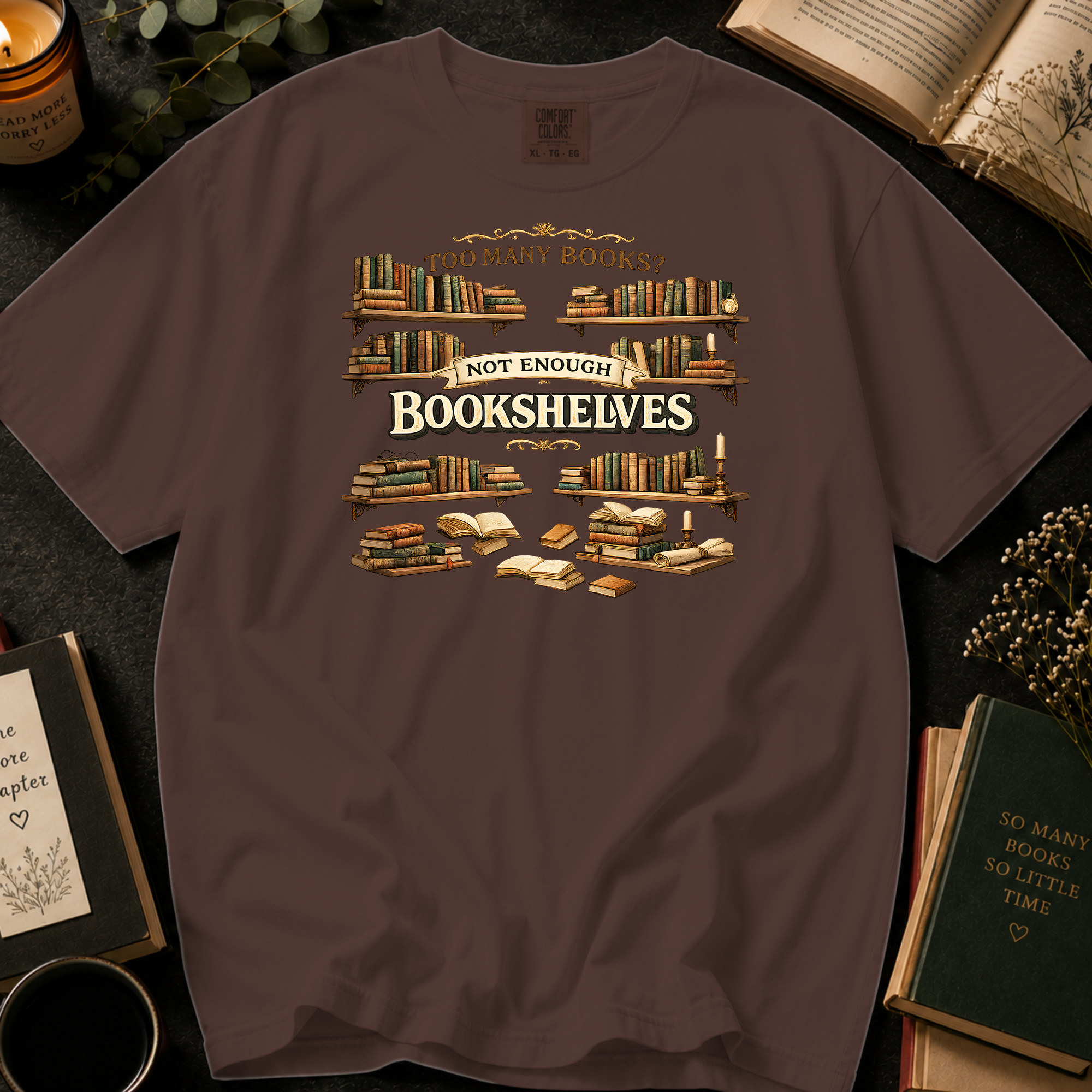 Espresso brown tee with a vintage library design for bookworm humor and TBR jokes