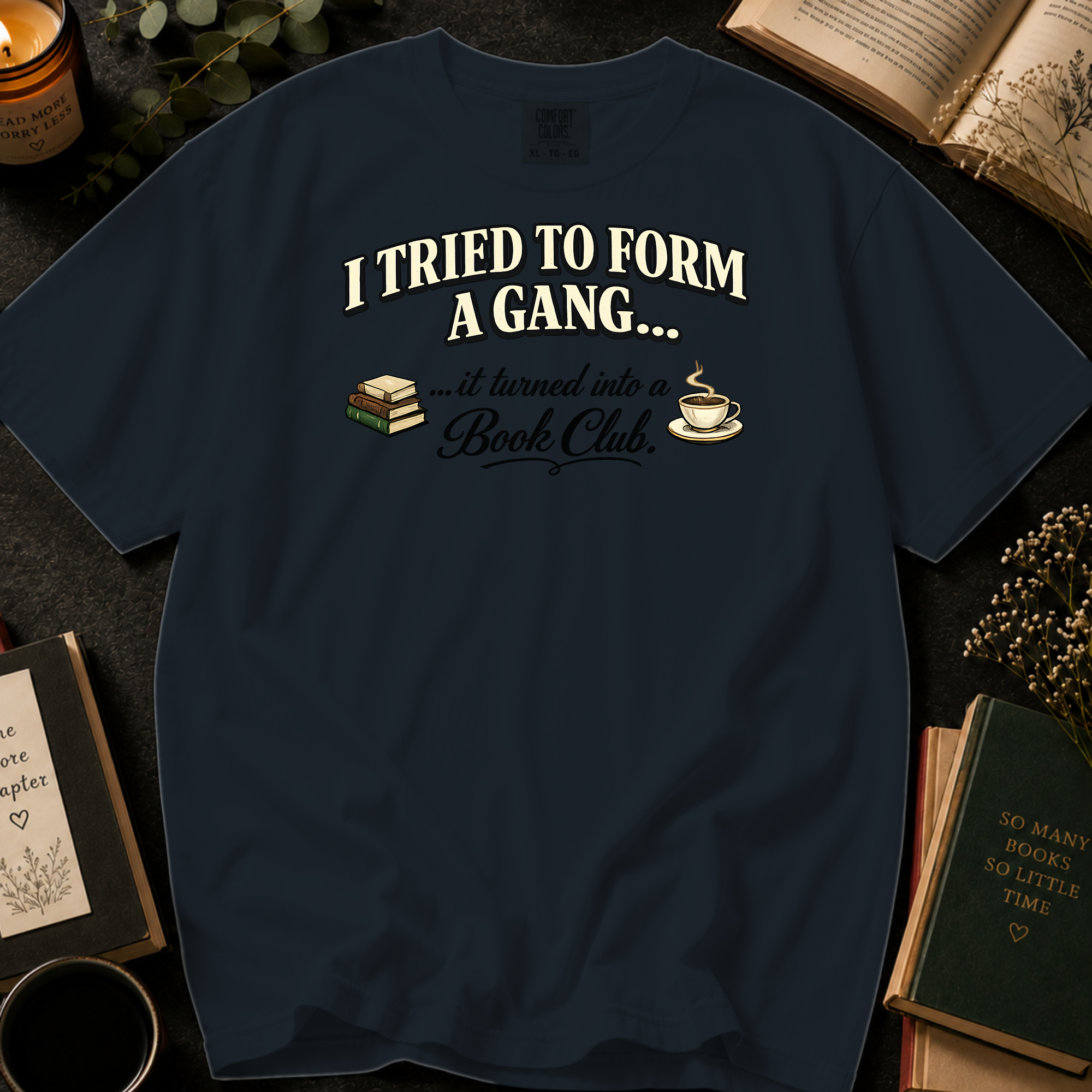 Graphite tee with a retro book and teacup graphic for bookish quotes and aesthetic tees