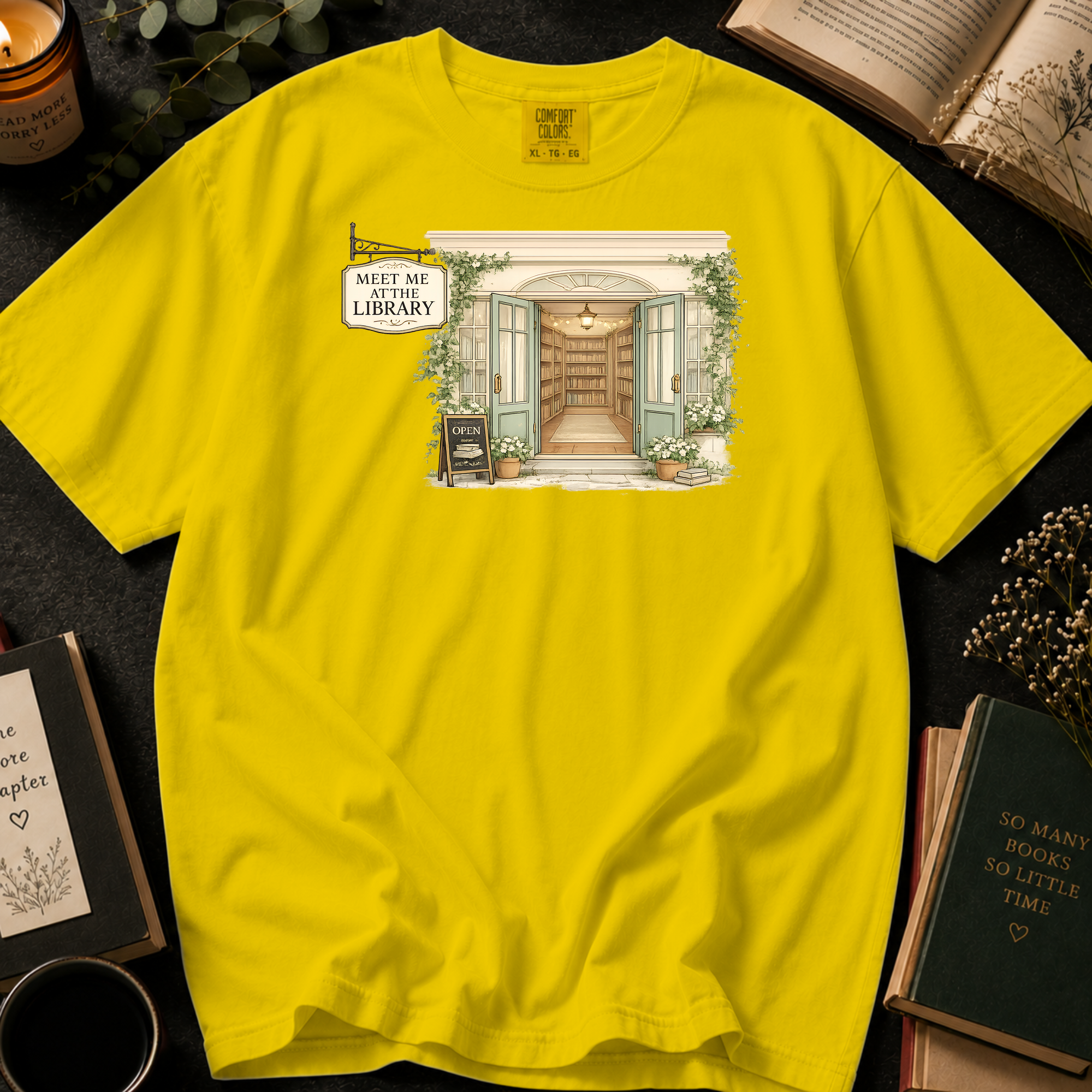 Mustard tee with a cozy bookshop storefront design for cozy reading and bookstore lovers