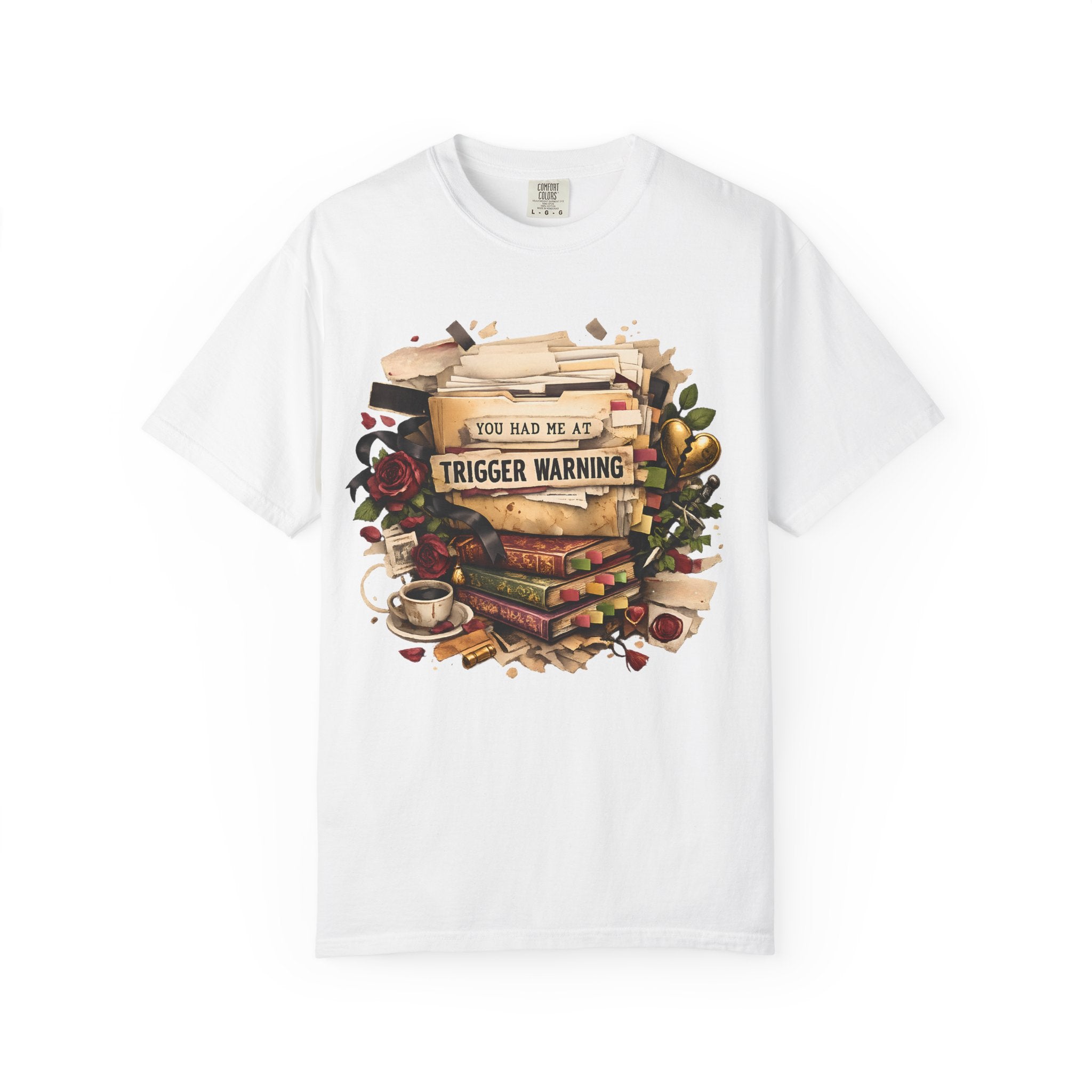 Book Lover T-Shirt — "You Had Me at Trigger Warning" Vintage Stack Design