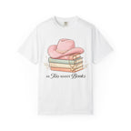 Cowgirl Booklover T-Shirt — "As Too Many Books" Stack with Pink Cowboy Hat