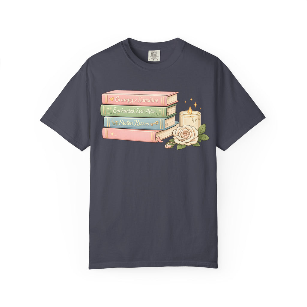 Cozy Bookstack Tee — Pastel Books, Candle & Rose Graphic T‑Shirt