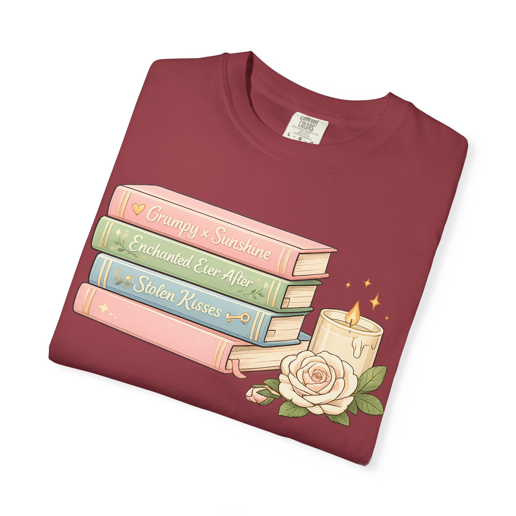Cozy Bookstack Tee — Pastel Books, Candle & Rose Graphic T‑Shirt