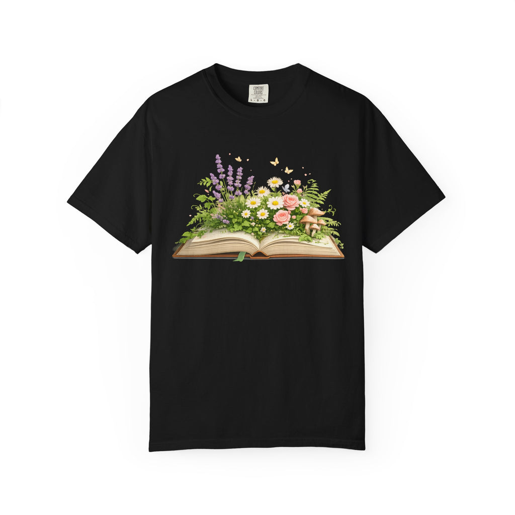 Floral Open Book T-Shirt — Botanical Reading Tee for Gardeners & Book Lovers