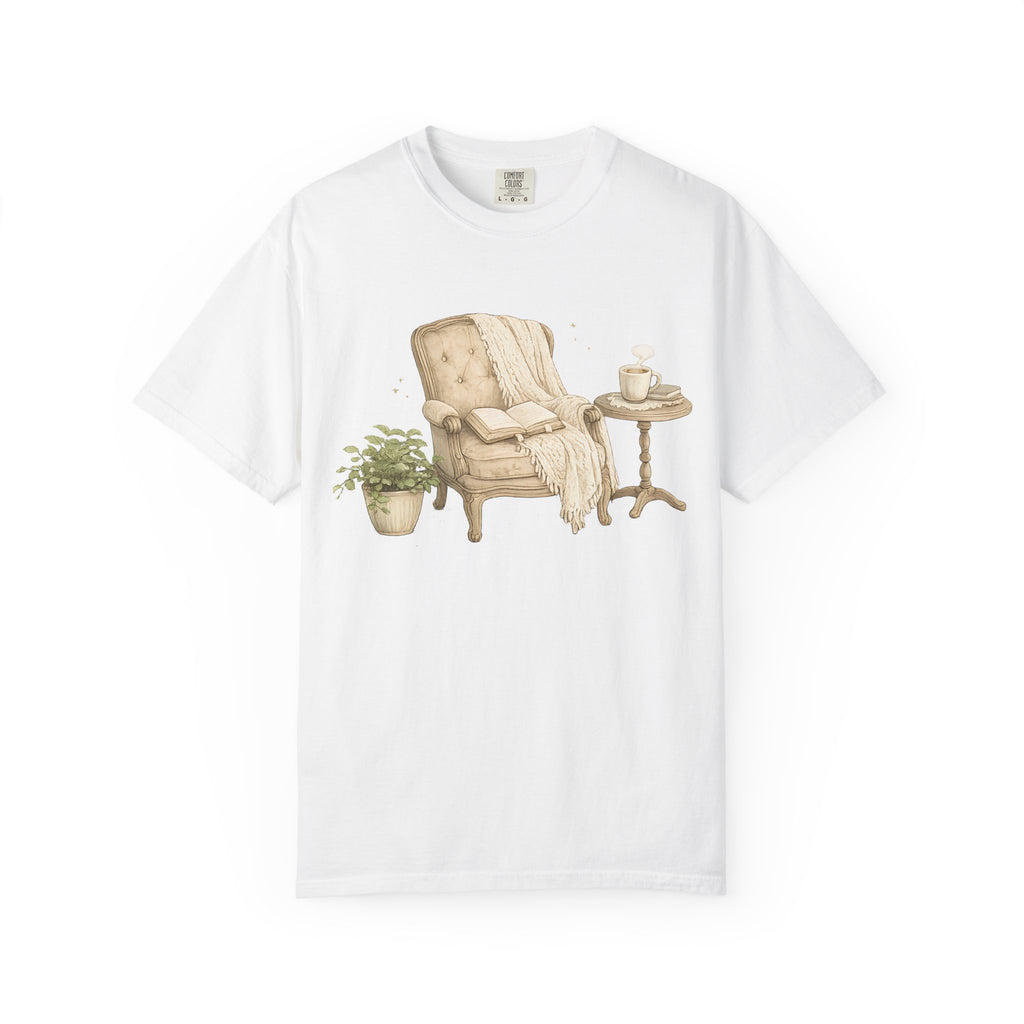 Cozy Reading Nook T-Shirt — Armchair, Blanket & Coffee Graphic