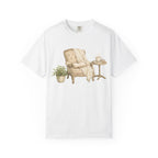 Cozy Reading Nook T-Shirt — Armchair, Blanket & Coffee Graphic