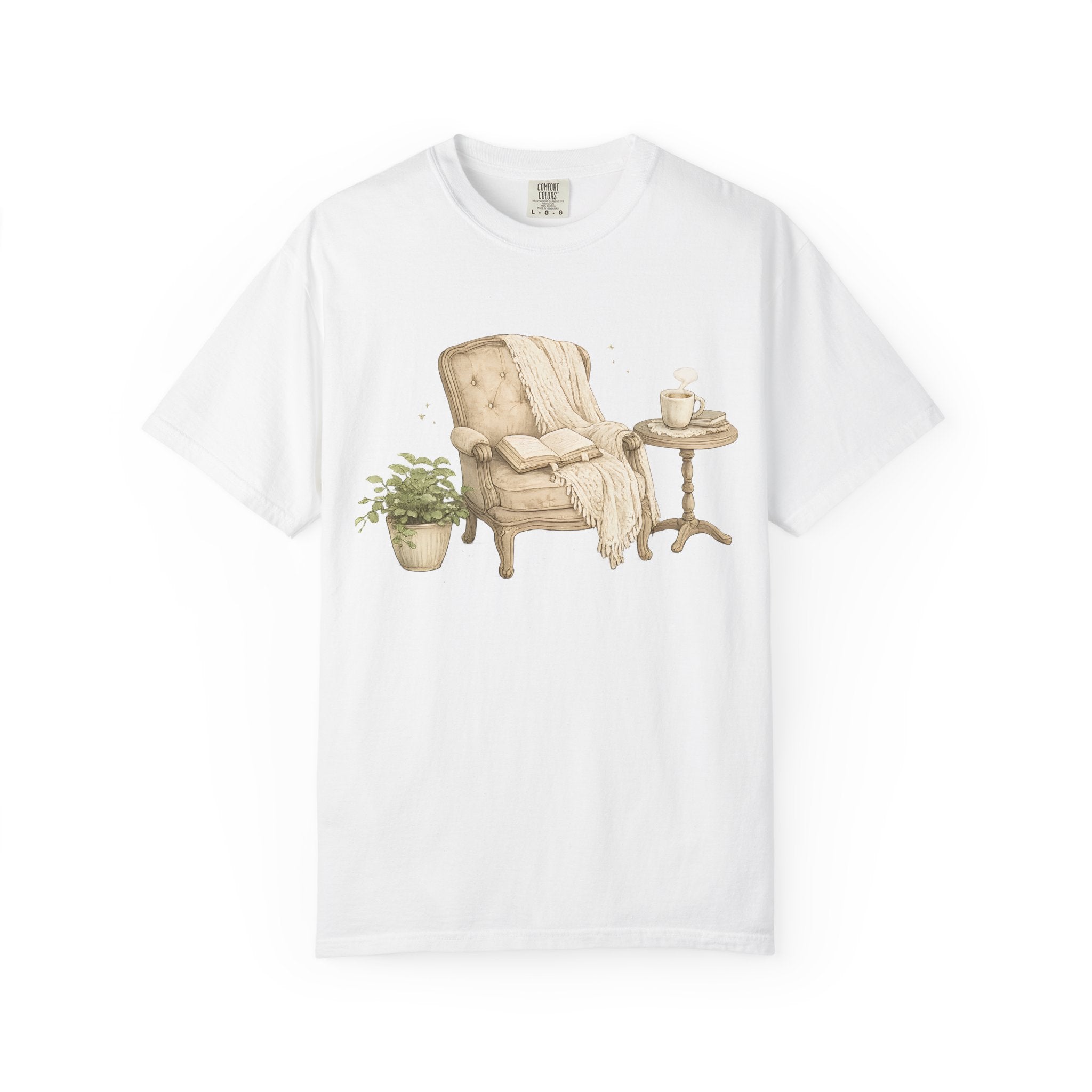 Cozy Reading Nook T-Shirt — Armchair, Blanket & Coffee Graphic