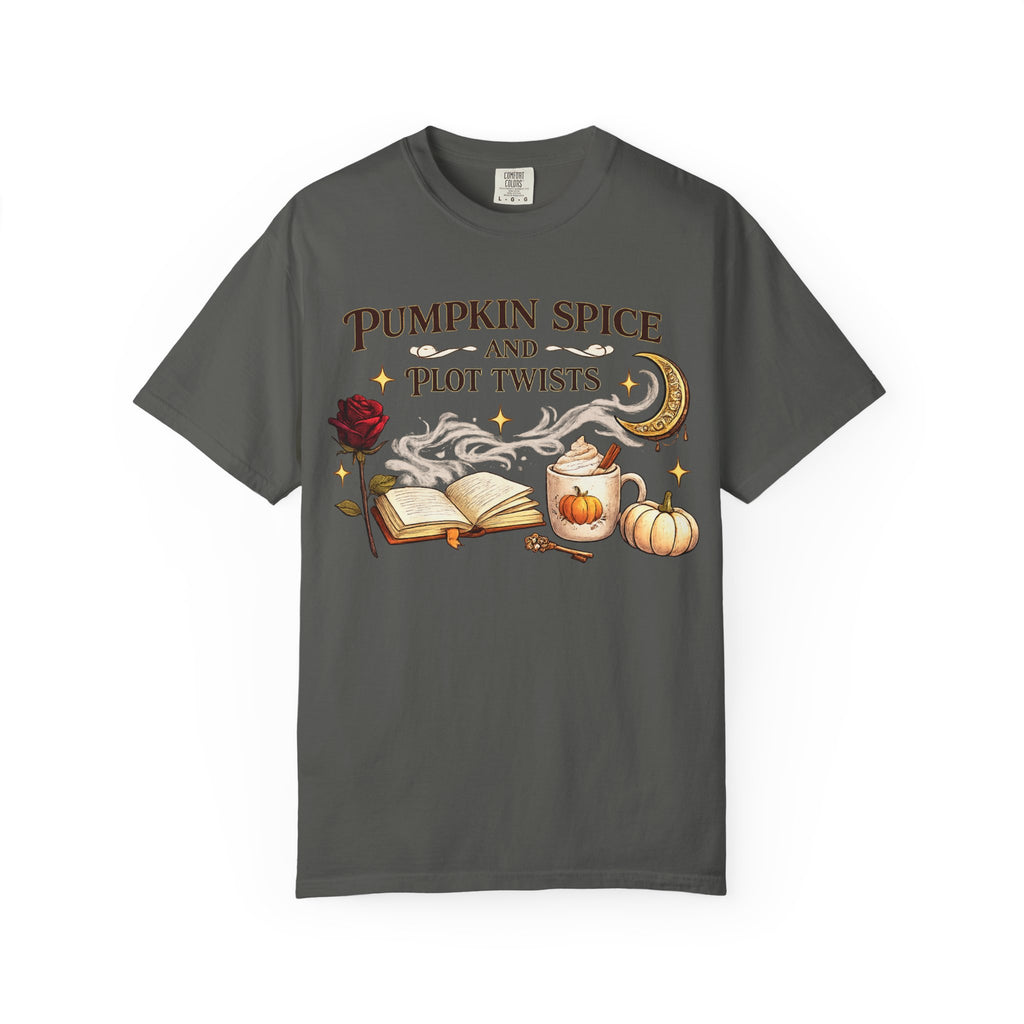 Pumpkin Spice and Plot Twists T-Shirt: Vintage Autumn Flatlay Graphic Tee
