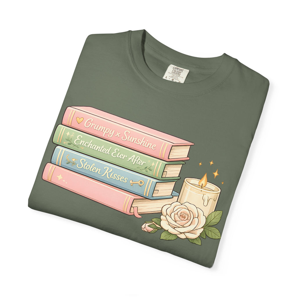 Cozy Bookstack Tee — Pastel Books, Candle & Rose Graphic T‑Shirt