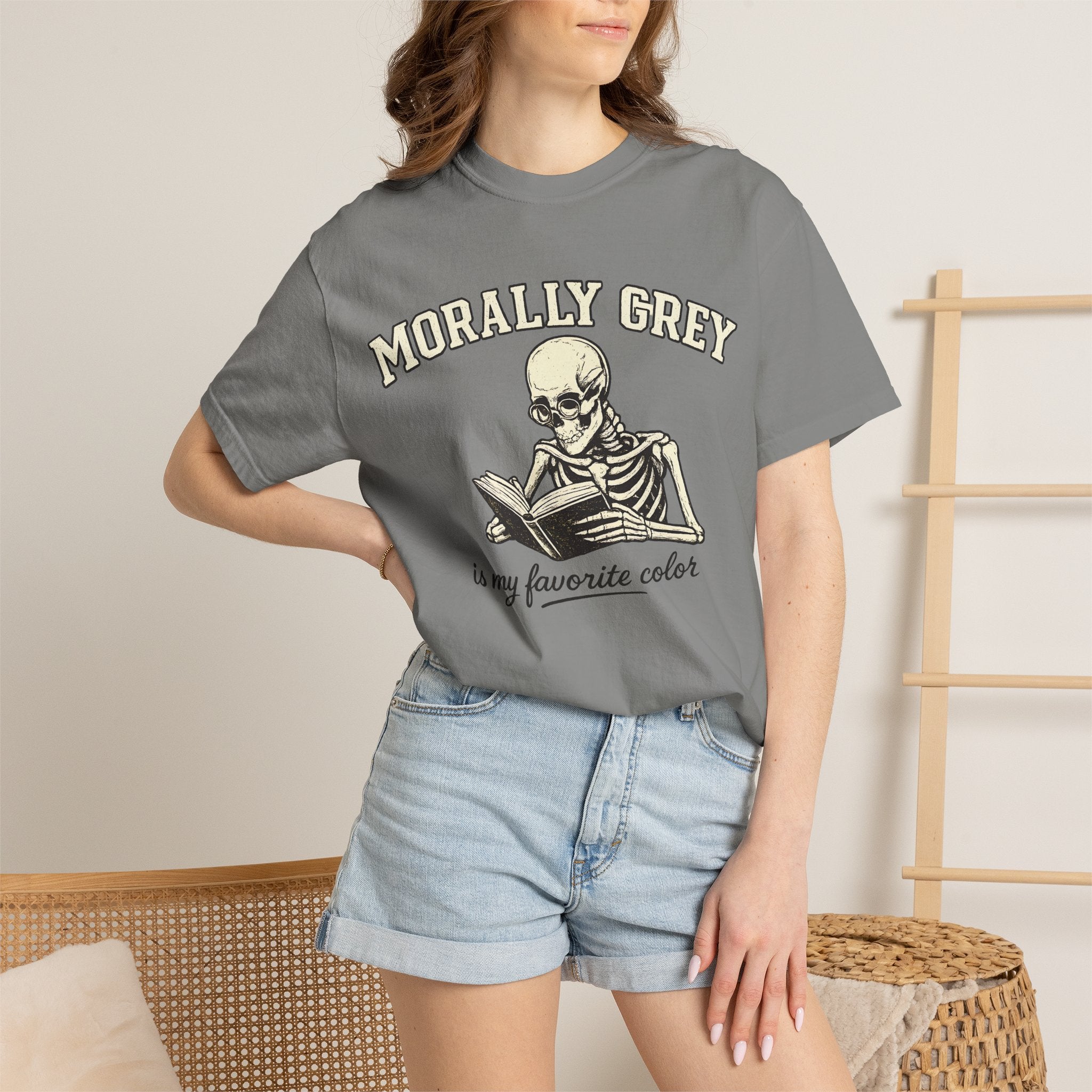 Morally Grey Skeleton Tee — "Morally Grey is My Favorite Color" Graphic T-Shirt