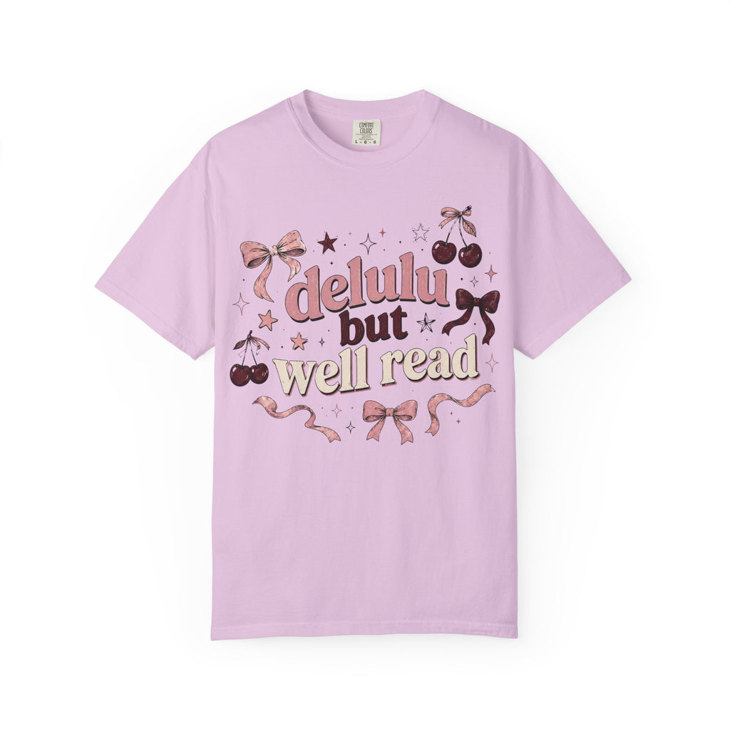 T-Shirt — “Delulu But Well Read” Cute Cherry & Bow Graphic Tee