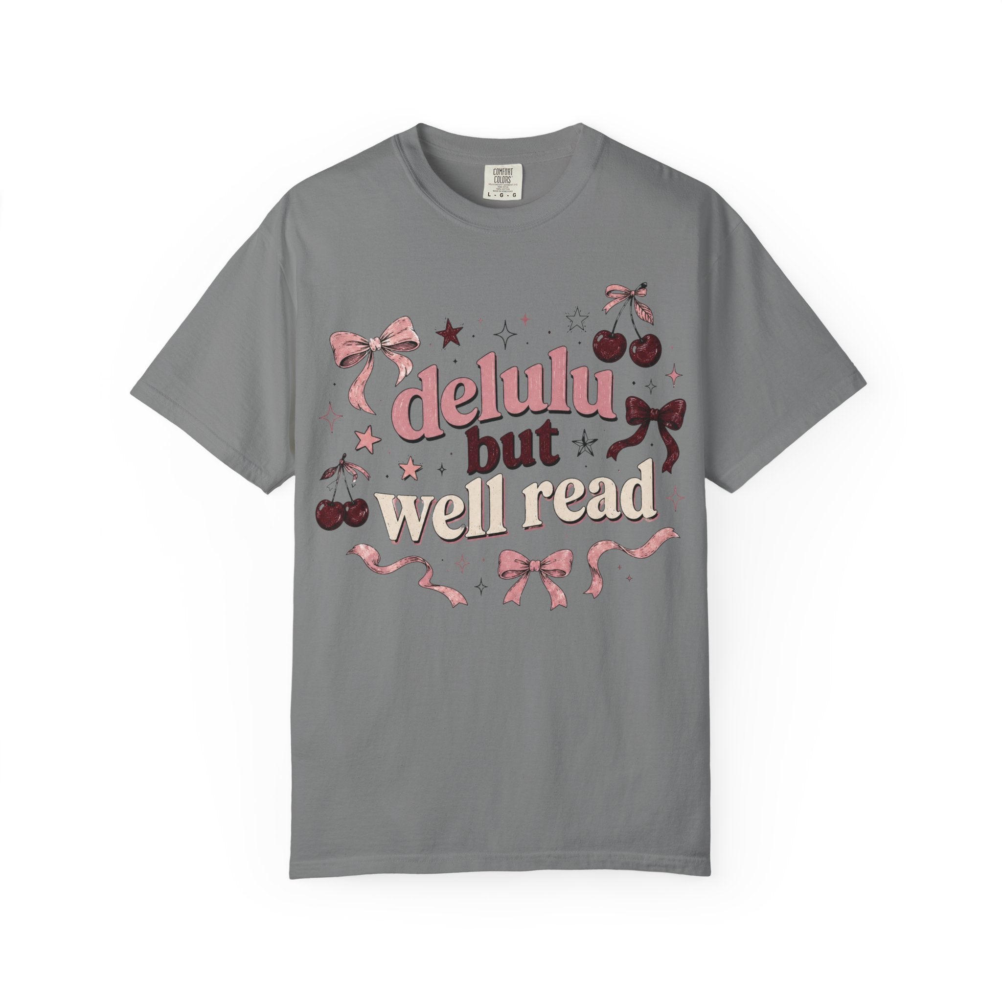 T-Shirt — “Delulu But Well Read” Cute Cherry & Bow Graphic Tee