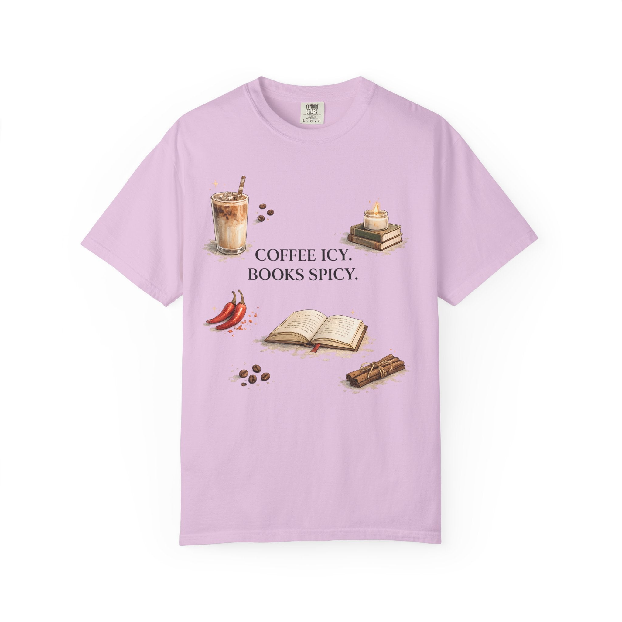 Coffee Icy, Books Spicy T-Shirt — Literary Coffee Lover Tee