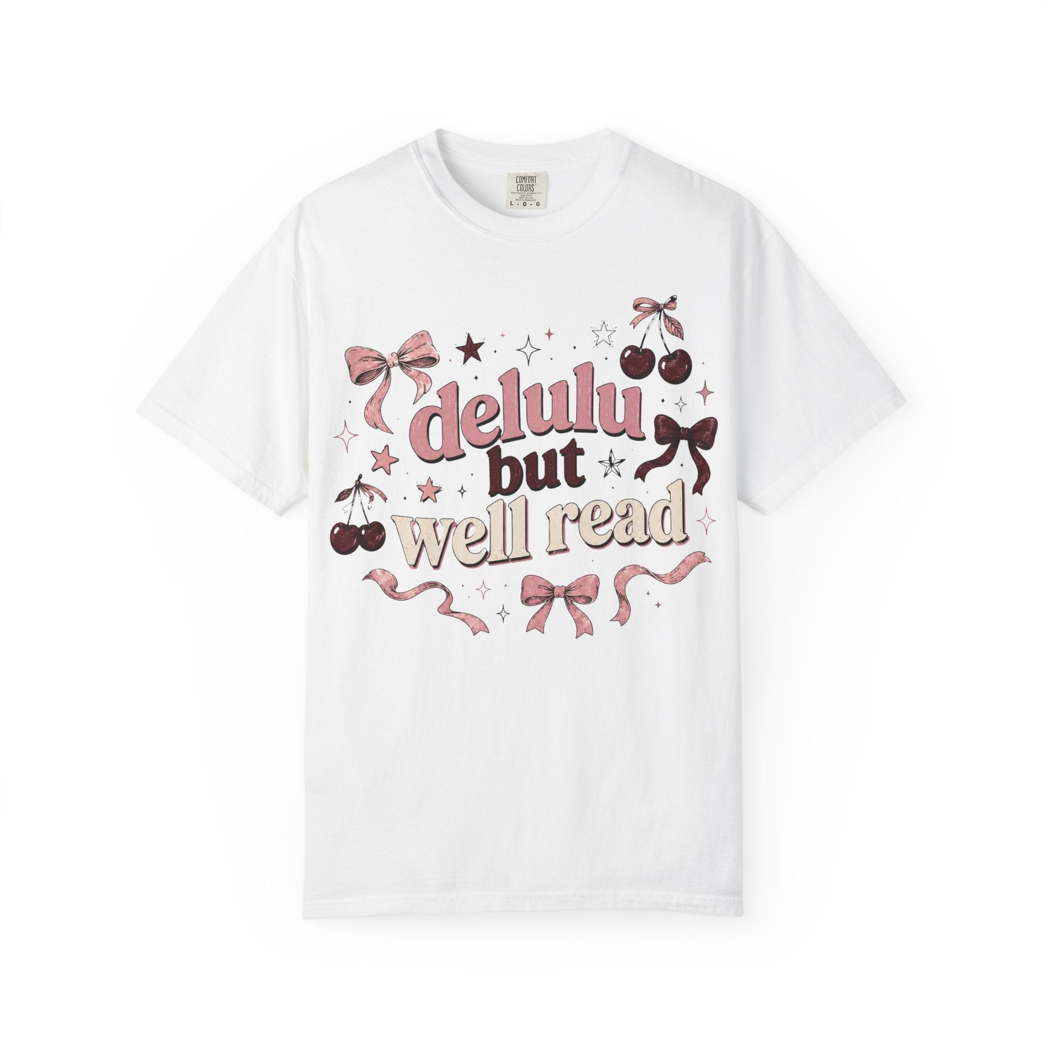 T-Shirt — “Delulu But Well Read” Cute Cherry & Bow Graphic Tee