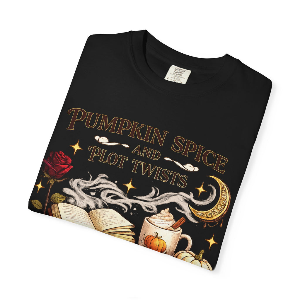 Pumpkin Spice and Plot Twists T-Shirt: Vintage Autumn Flatlay Graphic Tee
