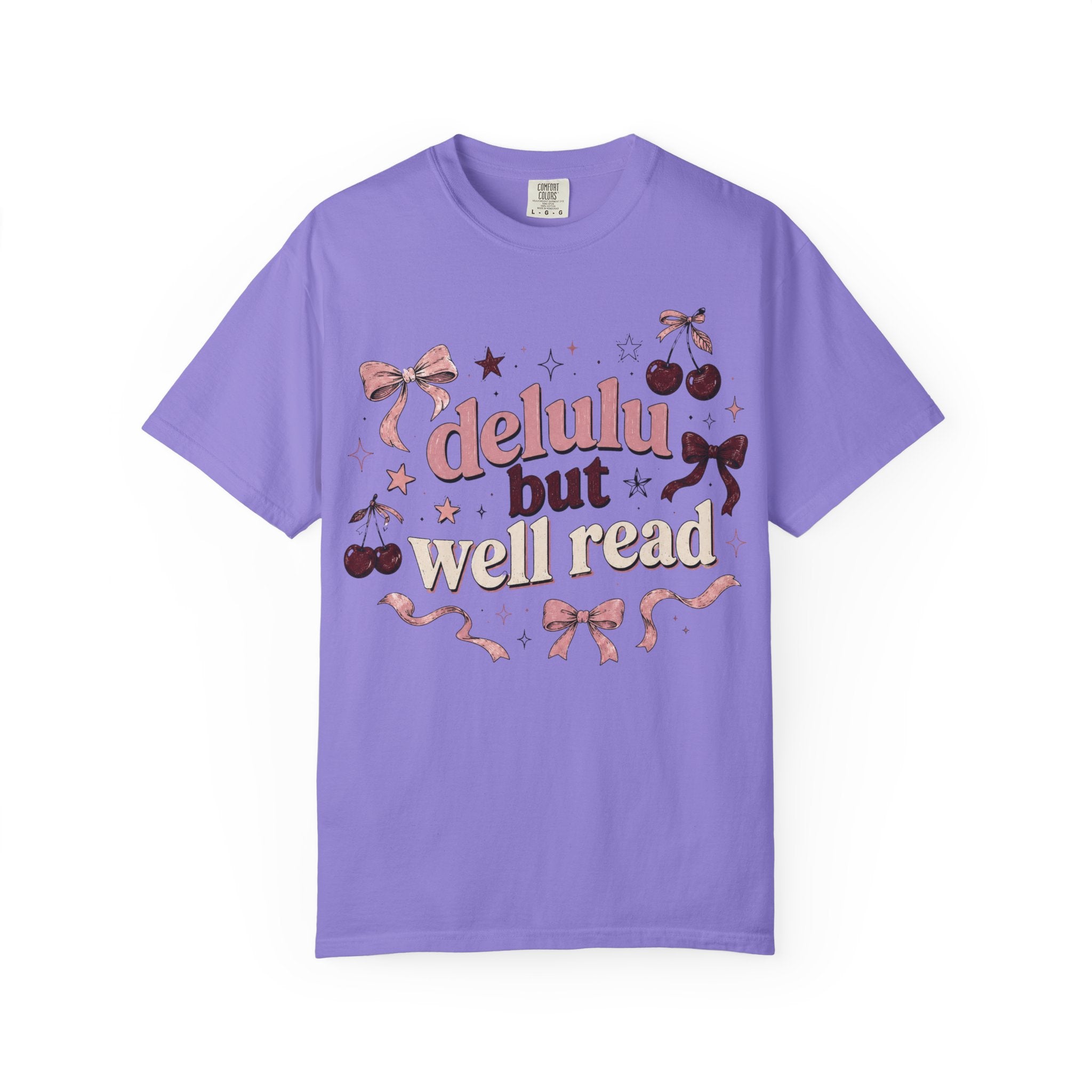 T-Shirt — “Delulu But Well Read” Cute Cherry & Bow Graphic Tee