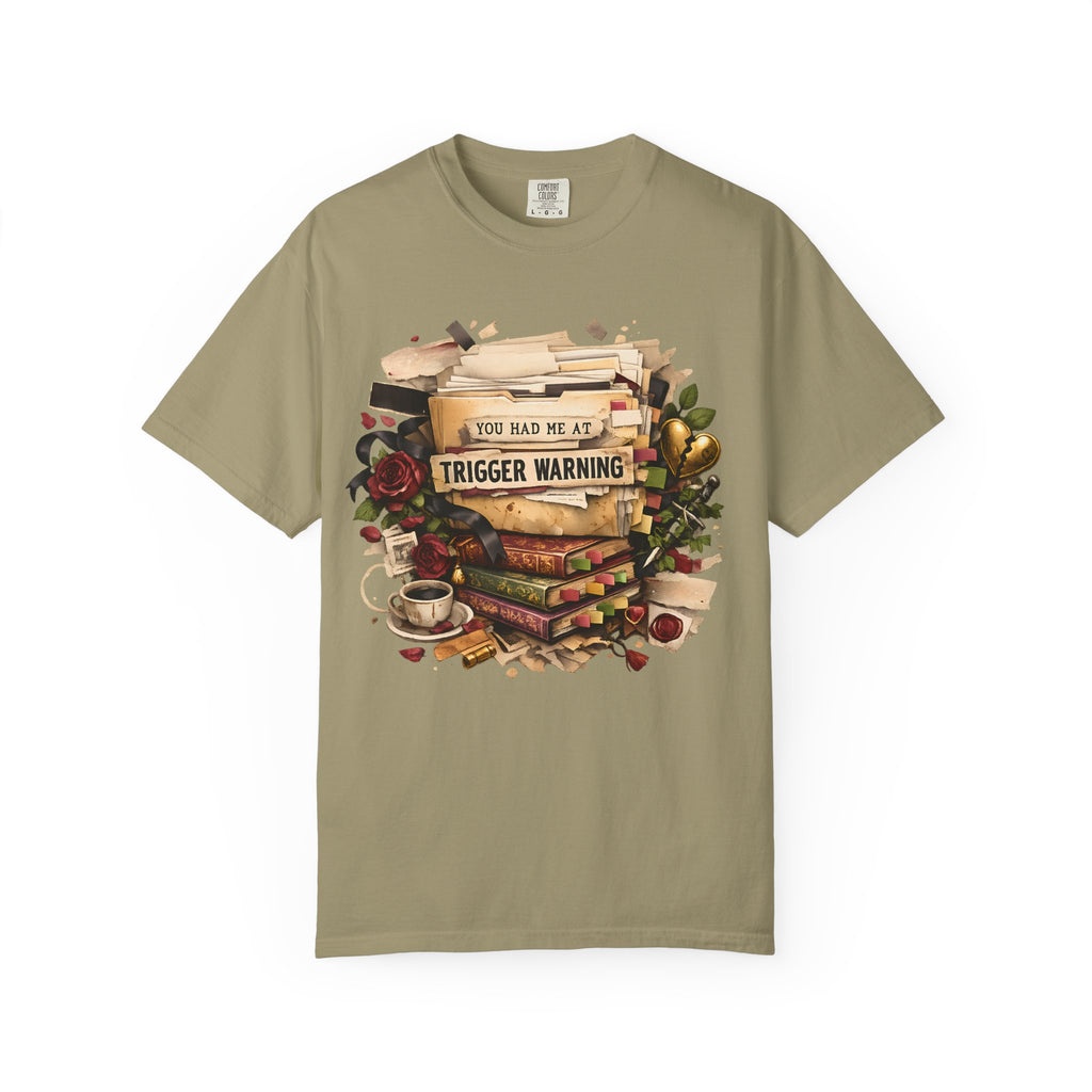 Book Lover T-Shirt — "You Had Me at Trigger Warning" Vintage Stack Design