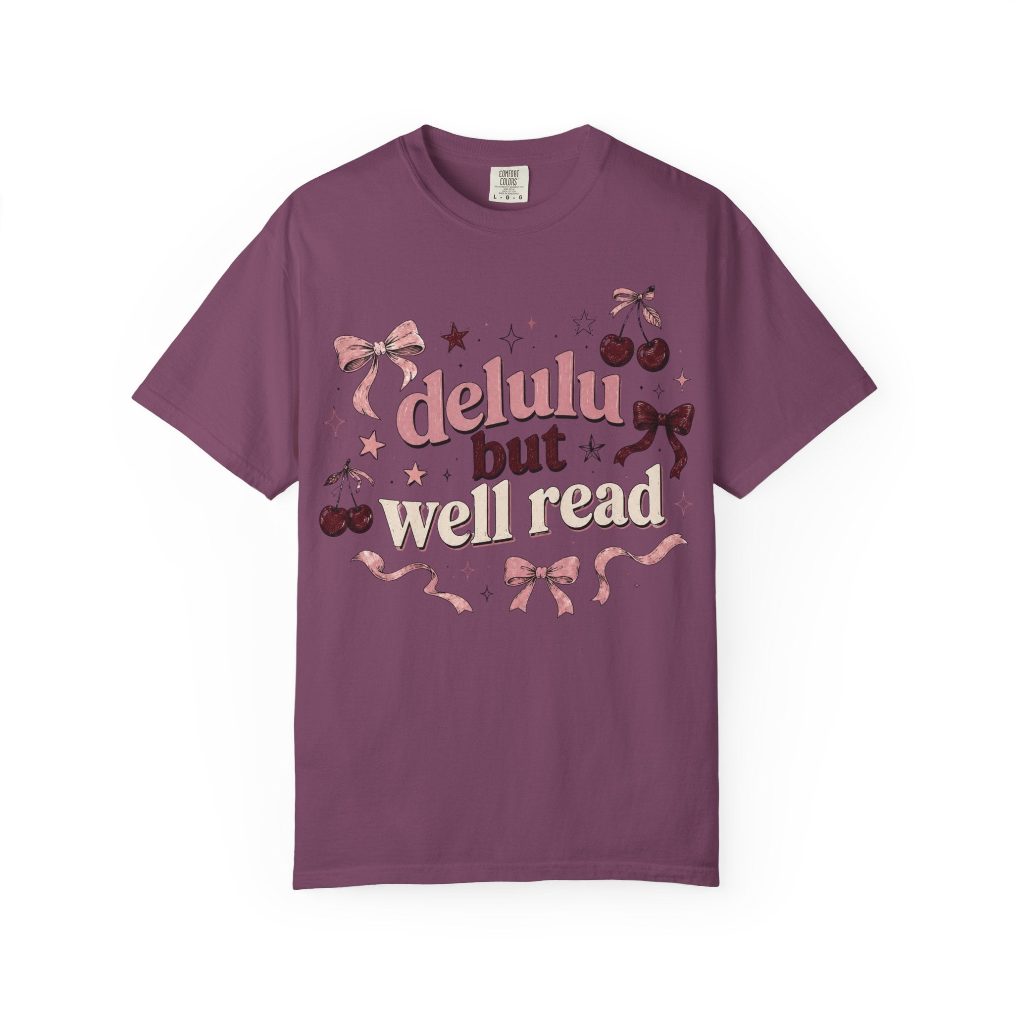 T-Shirt — “Delulu But Well Read” Cute Cherry & Bow Graphic Tee