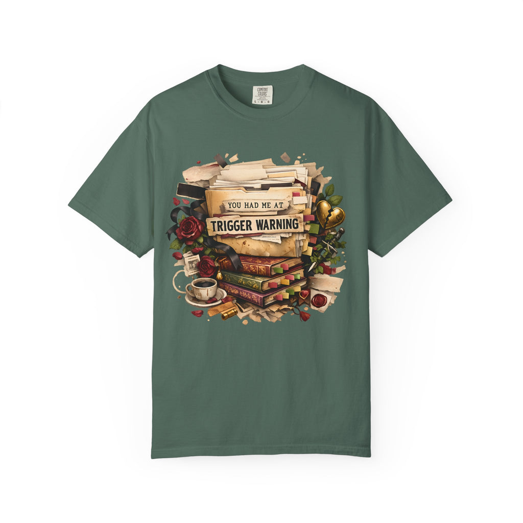 Book Lover T-Shirt — "You Had Me at Trigger Warning" Vintage Stack Design