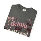 T-Shirt — “Delulu But Well Read” Cute Cherry & Bow Graphic Tee