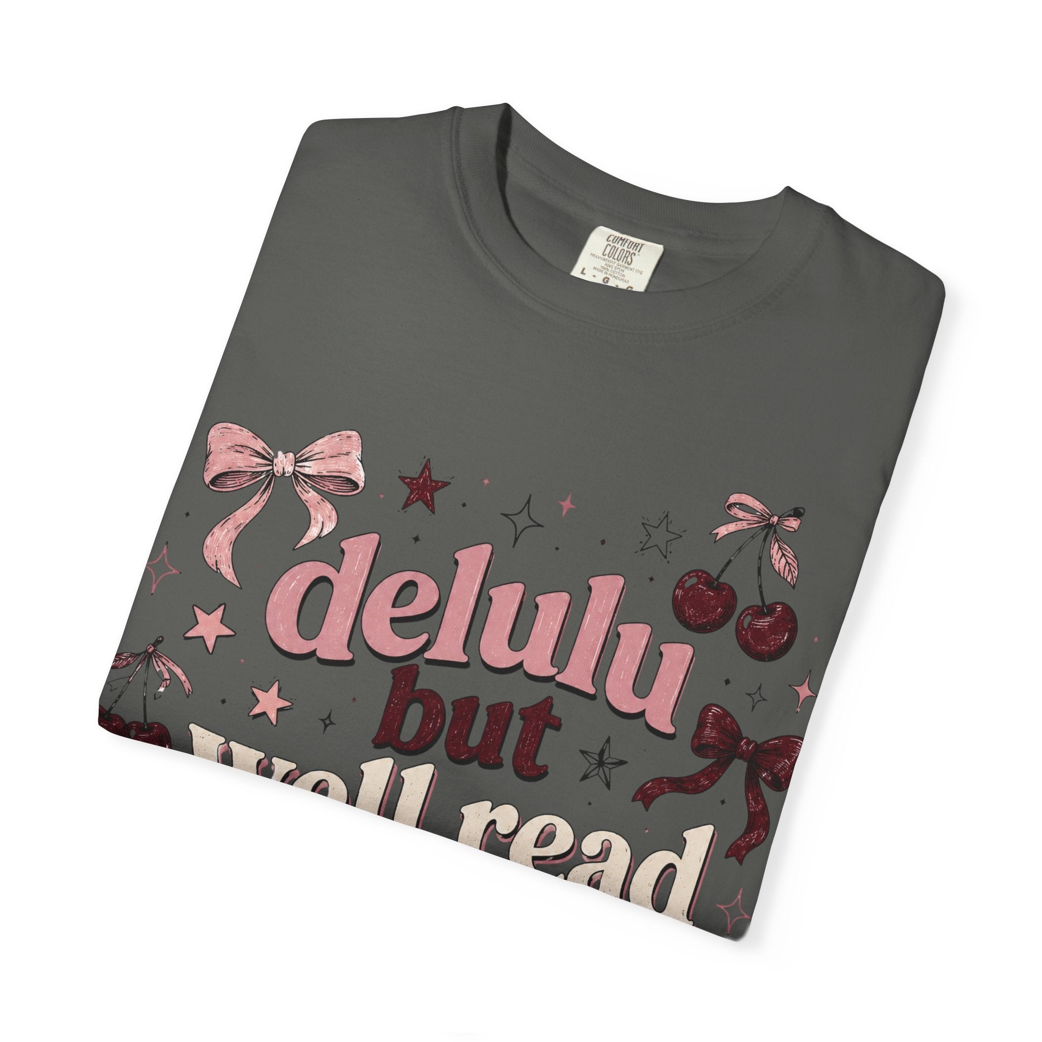 T-Shirt — “Delulu But Well Read” Cute Cherry & Bow Graphic Tee