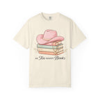 Cowgirl Booklover T-Shirt — "As Too Many Books" Stack with Pink Cowboy Hat