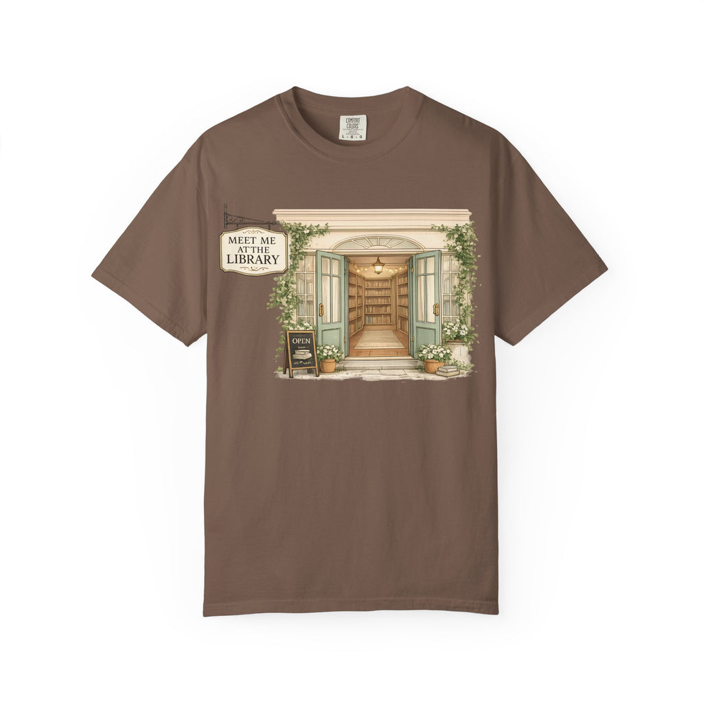 Meet Me at the Library T-Shirt — Cozy Bookshop Illustration Tee