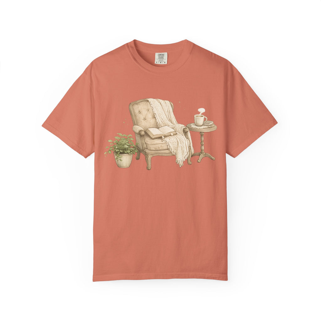 Cozy Reading Nook T-Shirt — Armchair, Blanket & Coffee Graphic