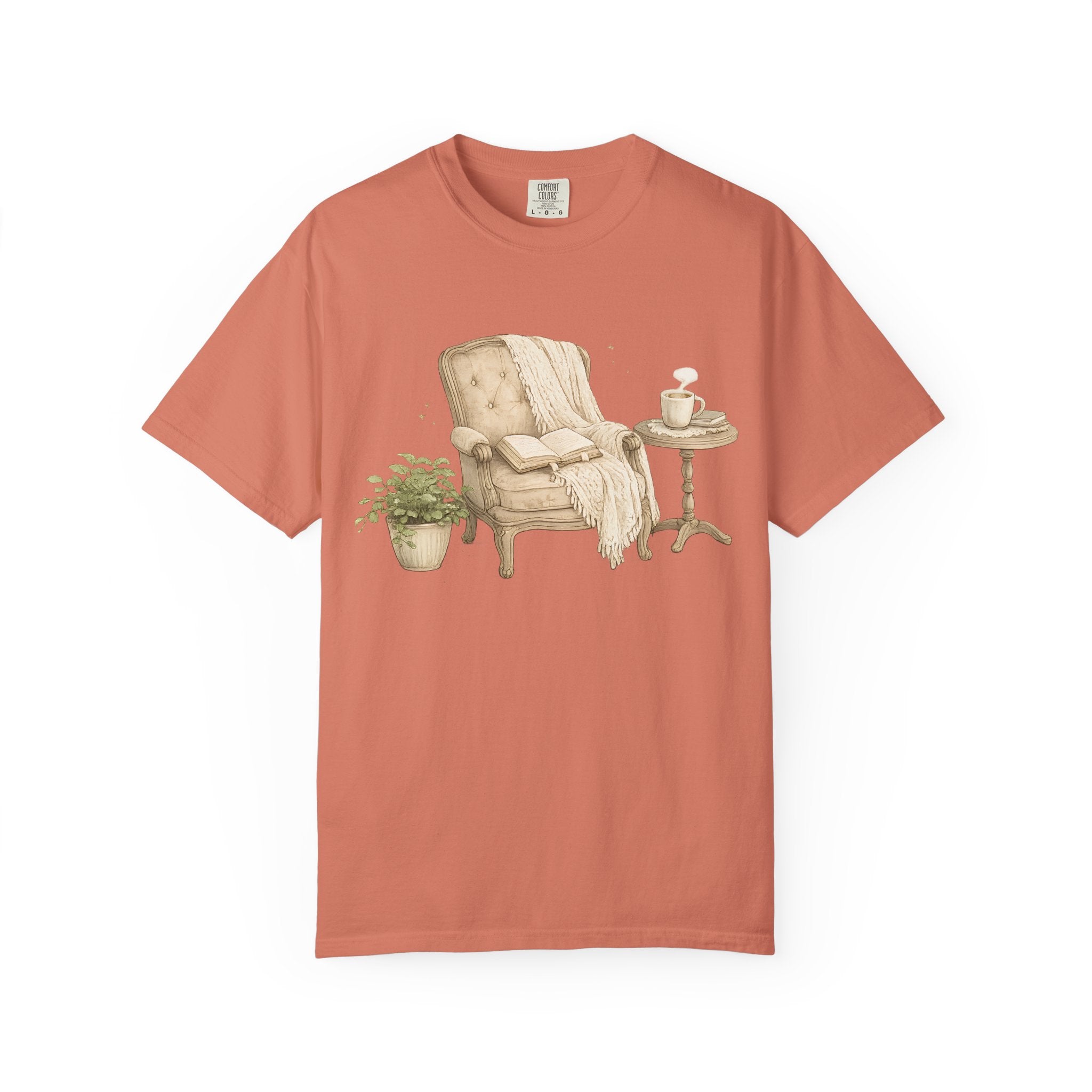 Cozy Reading Nook T-Shirt — Armchair, Blanket & Coffee Graphic