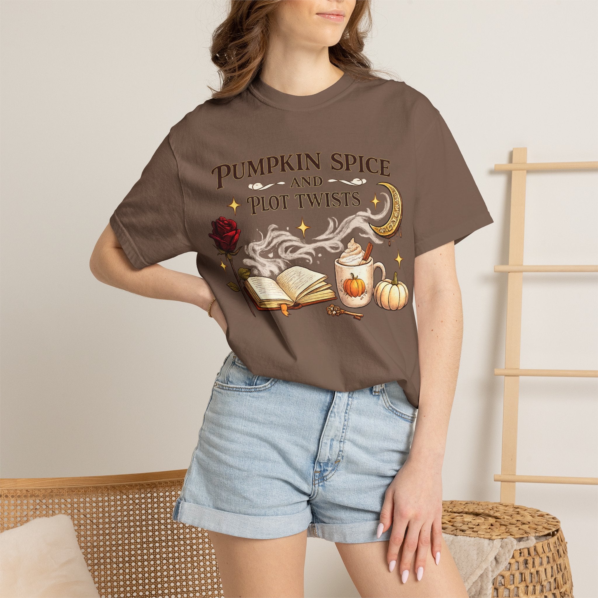 Pumpkin Spice and Plot Twists T-Shirt: Vintage Autumn Flatlay Graphic Tee
