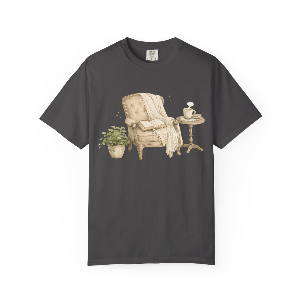 Cozy Reading Nook T-Shirt — Armchair, Blanket & Coffee Graphic