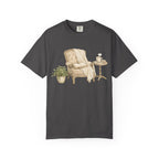 Cozy Reading Nook T-Shirt — Armchair, Blanket & Coffee Graphic