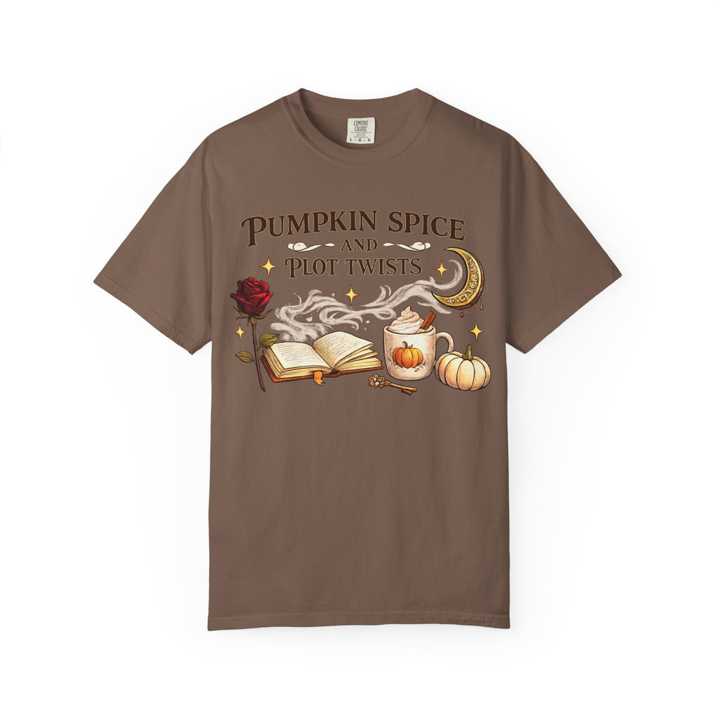 Pumpkin Spice and Plot Twists T-Shirt: Vintage Autumn Flatlay Graphic Tee