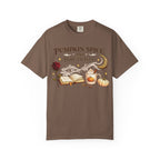 Pumpkin Spice and Plot Twists T-Shirt: Vintage Autumn Flatlay Graphic Tee