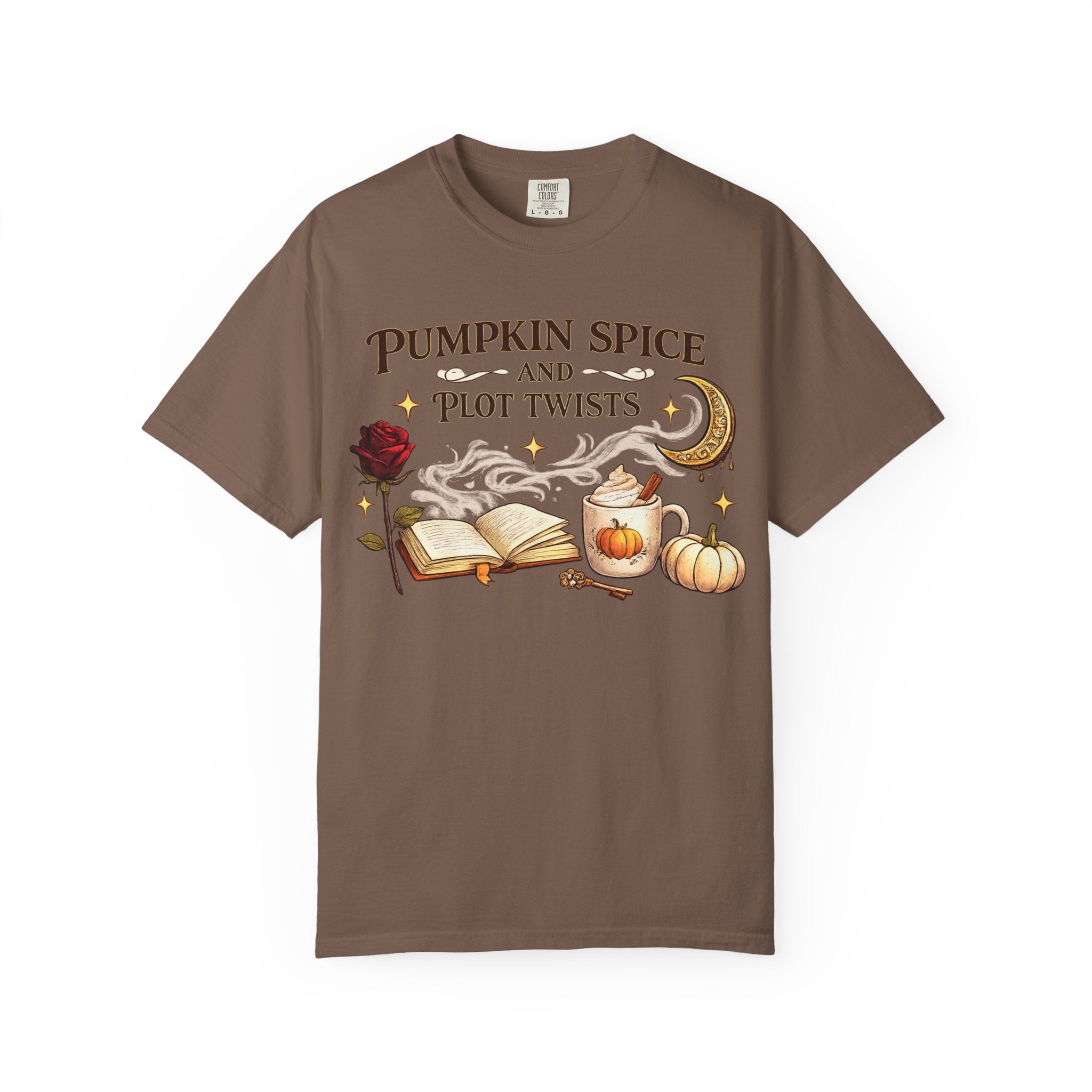 Pumpkin Spice and Plot Twists T-Shirt: Vintage Autumn Flatlay Graphic Tee