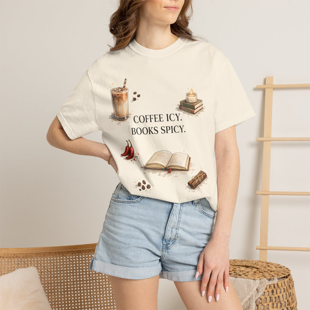 Coffee Icy, Books Spicy T-Shirt — Literary Coffee Lover Tee