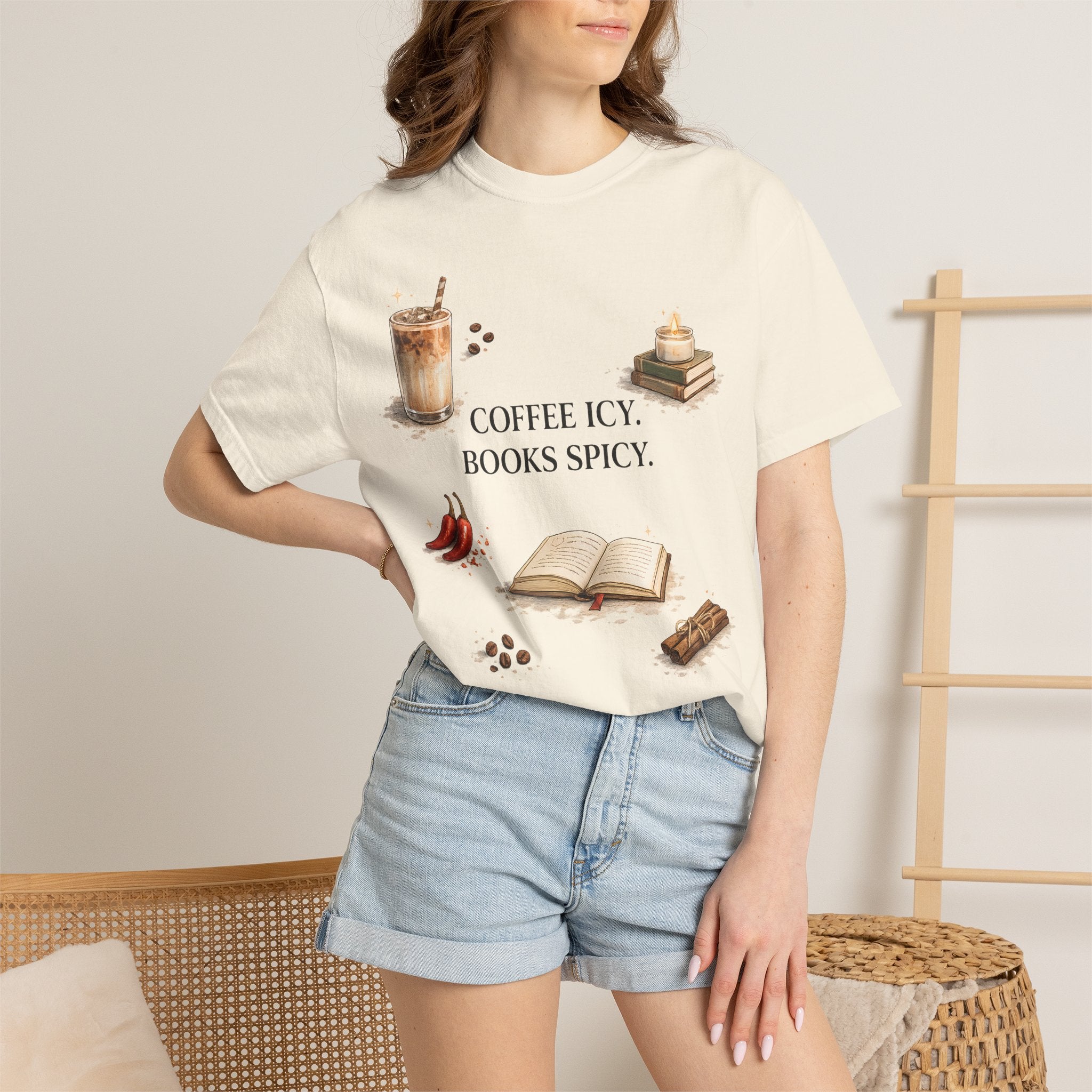 Coffee Icy, Books Spicy T-Shirt — Literary Coffee Lover Tee