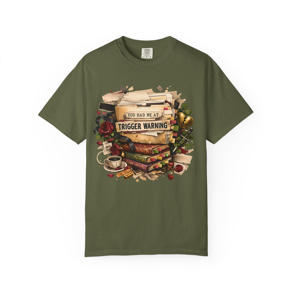 Book Lover T-Shirt — "You Had Me at Trigger Warning" Vintage Stack Design