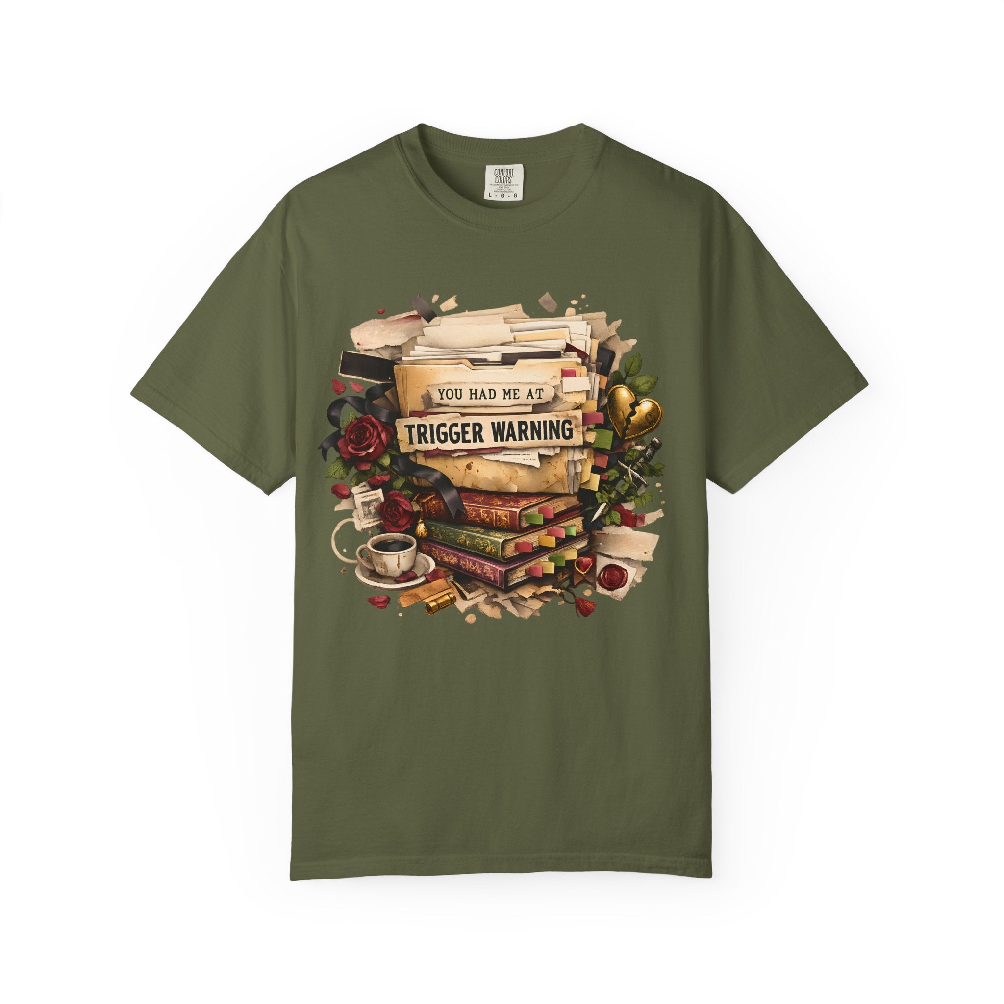 Book Lover T-Shirt — "You Had Me at Trigger Warning" Vintage Stack Design