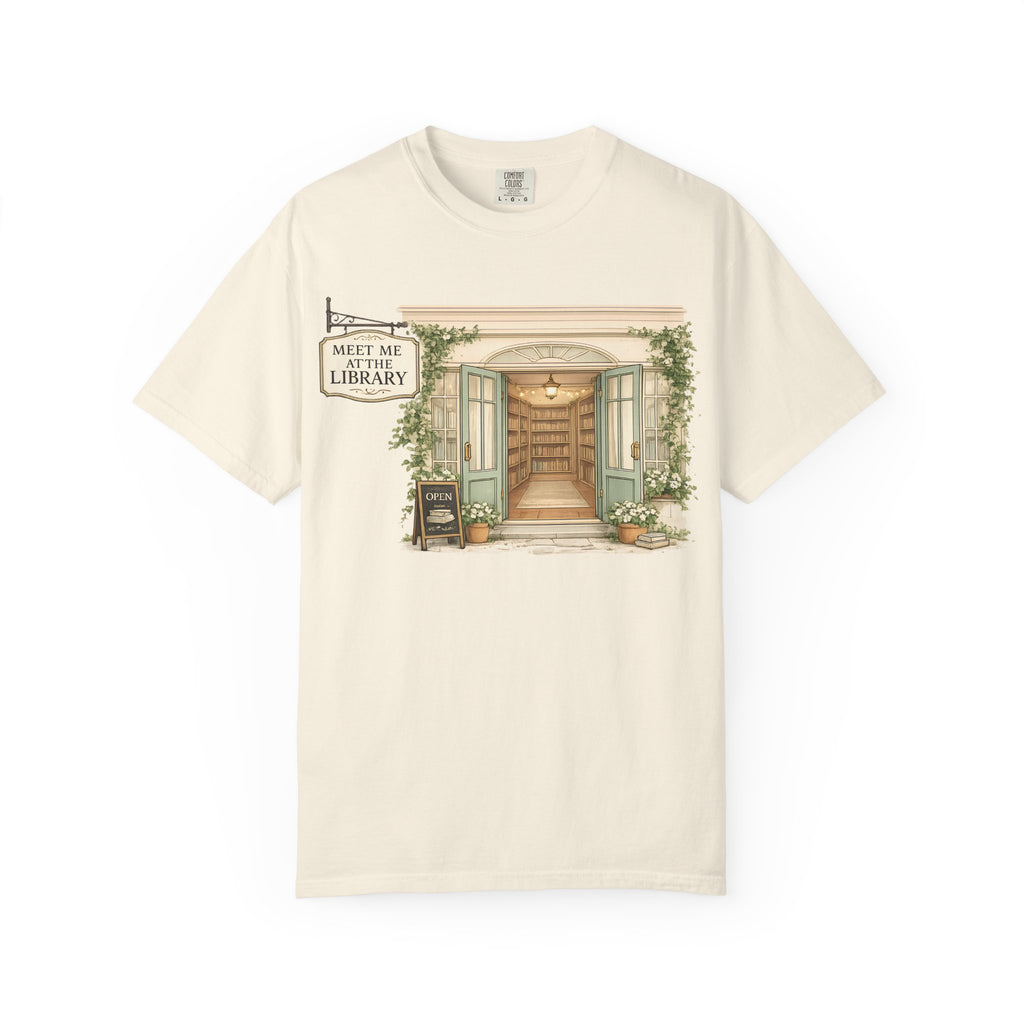 Meet Me at the Library T-Shirt — Cozy Bookshop Illustration Tee