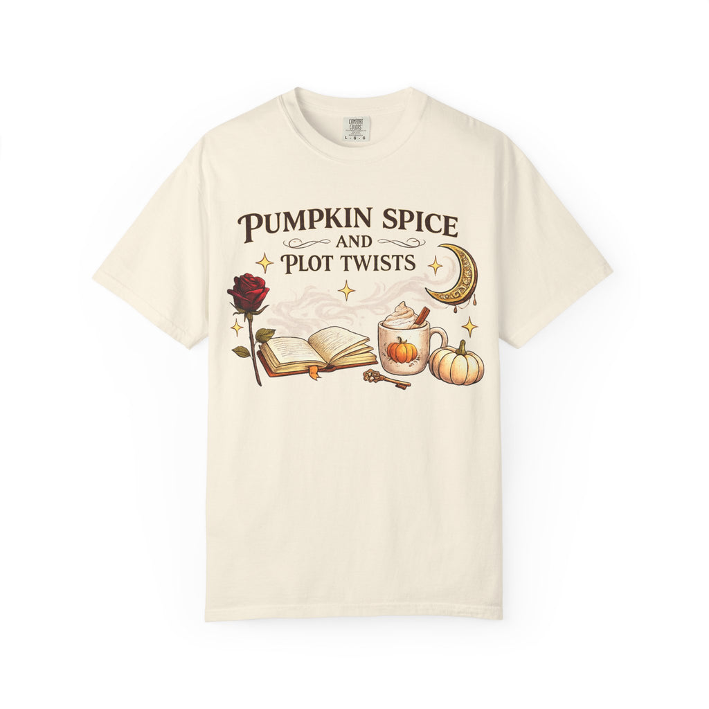 Pumpkin Spice and Plot Twists T-Shirt: Vintage Autumn Flatlay Graphic Tee