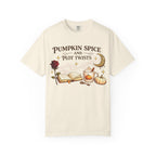Pumpkin Spice and Plot Twists T-Shirt: Vintage Autumn Flatlay Graphic Tee