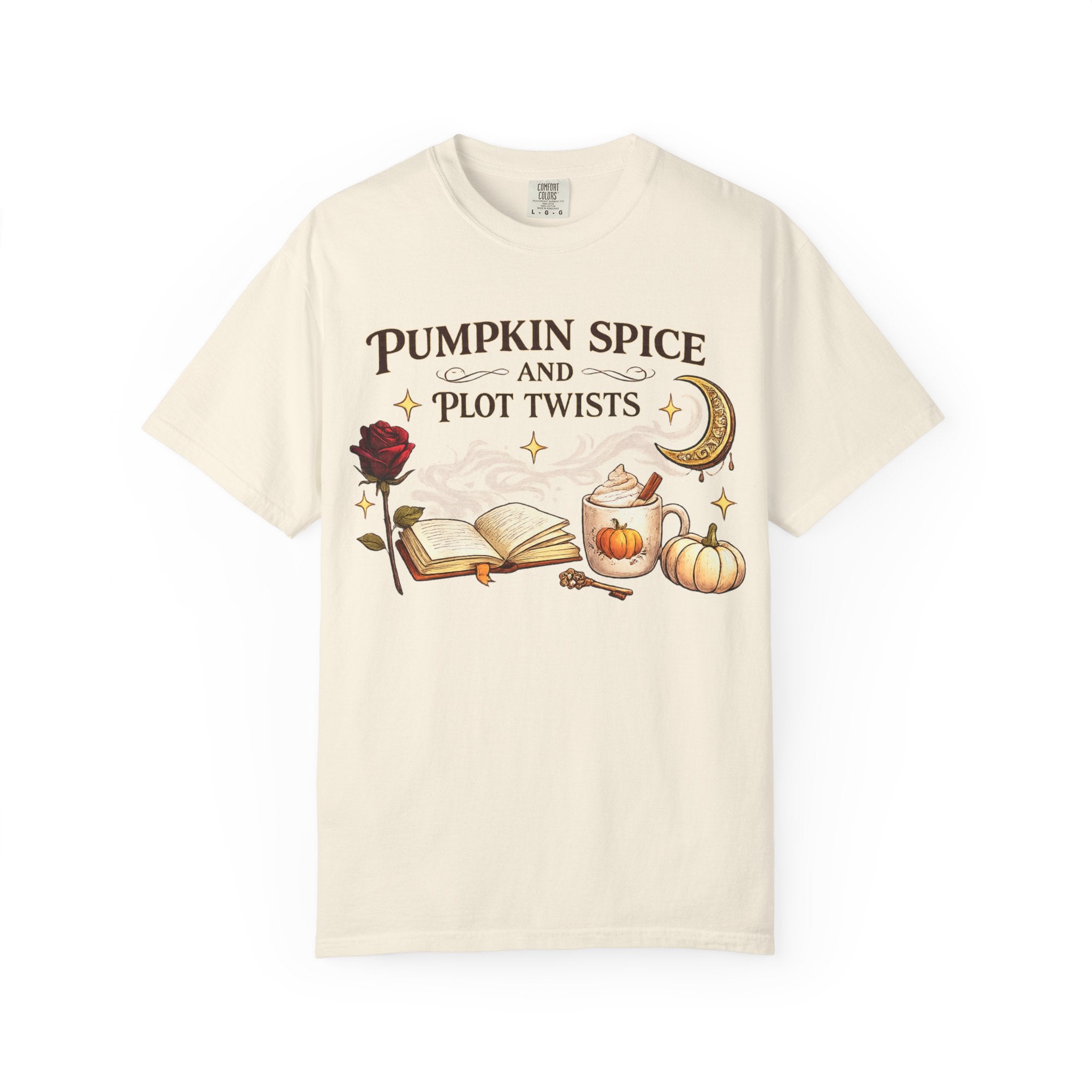 Pumpkin Spice and Plot Twists T-Shirt: Vintage Autumn Flatlay Graphic Tee
