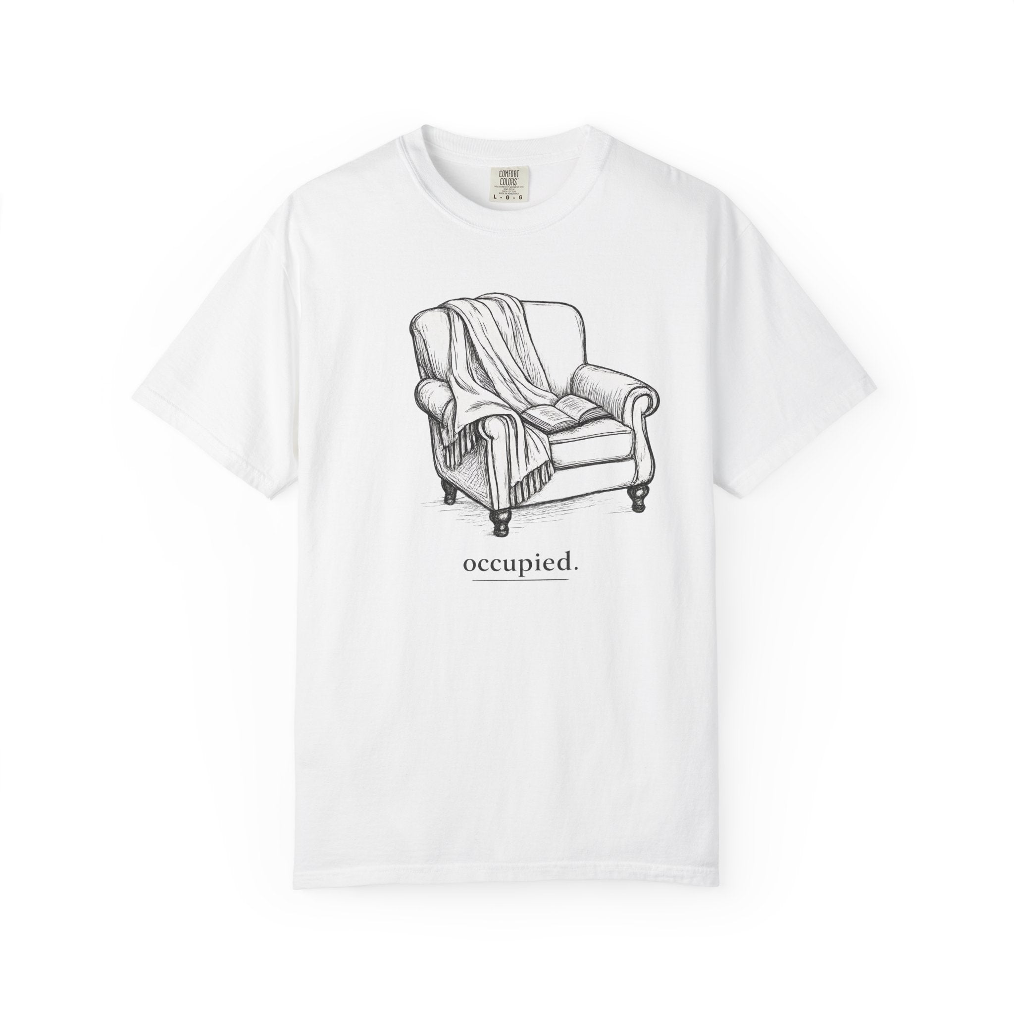 Occupied Armchair T-Shirt — Cozy Illustration Tee with 'occupied.' Text