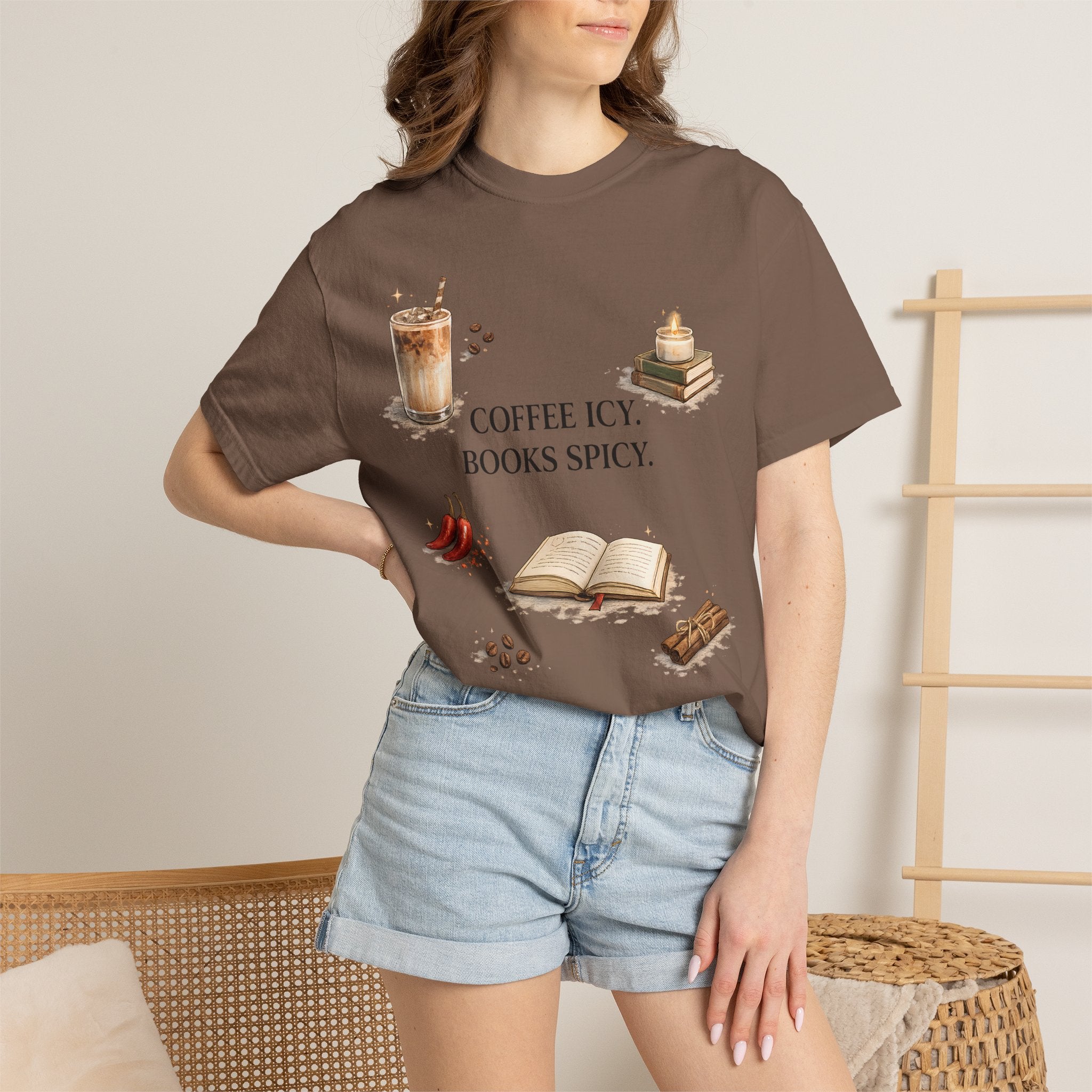 Coffee Icy, Books Spicy T-Shirt — Literary Coffee Lover Tee