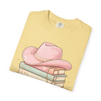Cowgirl Booklover T-Shirt — "As Too Many Books" Stack with Pink Cowboy Hat