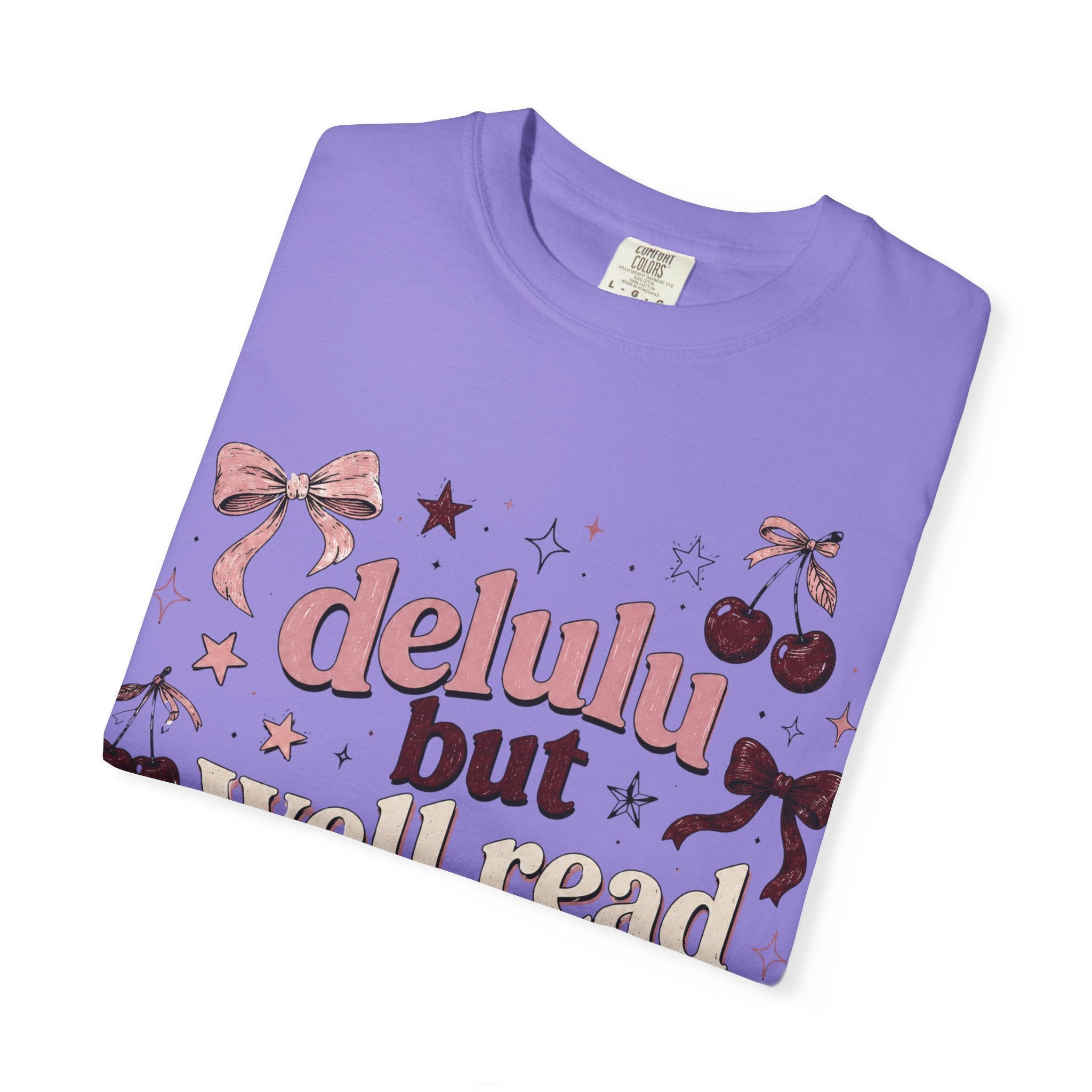 T-Shirt — “Delulu But Well Read” Cute Cherry & Bow Graphic Tee